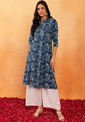 Navy Blue Floral Print Rayon Kurta