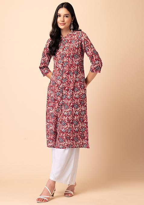 Buy Women Red Floral Jaal Print Rayon Kurta - AW'23 Collection - Indya