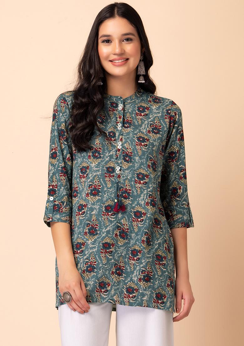 Buy Women Green Floral Boota Print Rayon Short Kurta - Everyday Ethnic ...