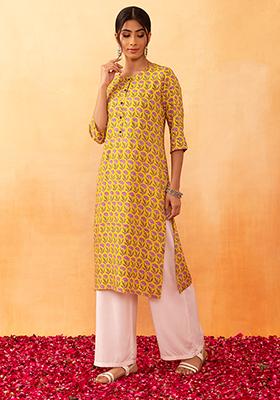 Yellow Floral Boota Print Rayon Kurta