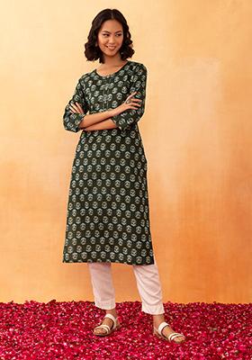 Dark Green Floral Boota Print Cotton Straight Kurta