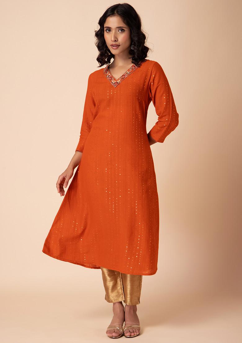 Orange Sequin And Thread Embroidered Cotton A-Line Kurta