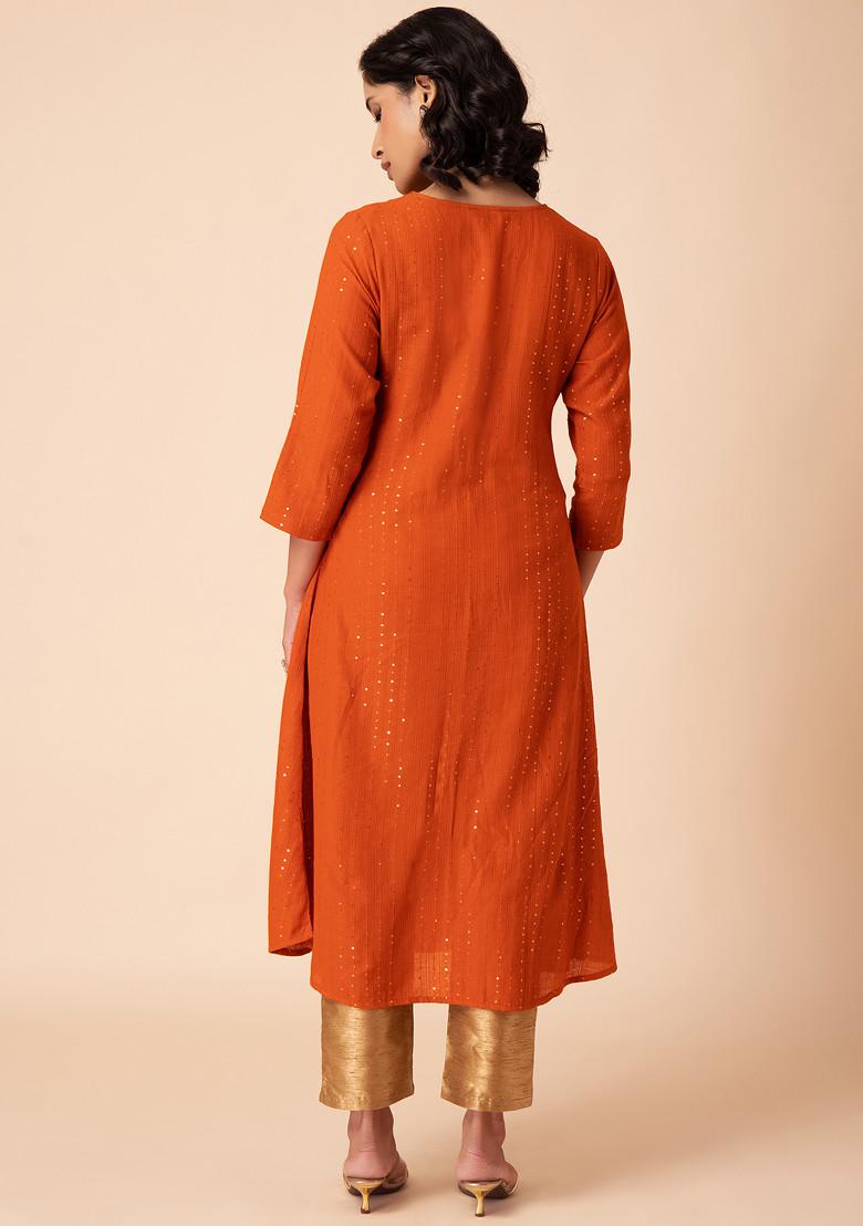 Orange Sequin And Thread Embroidered Cotton A-Line Kurta