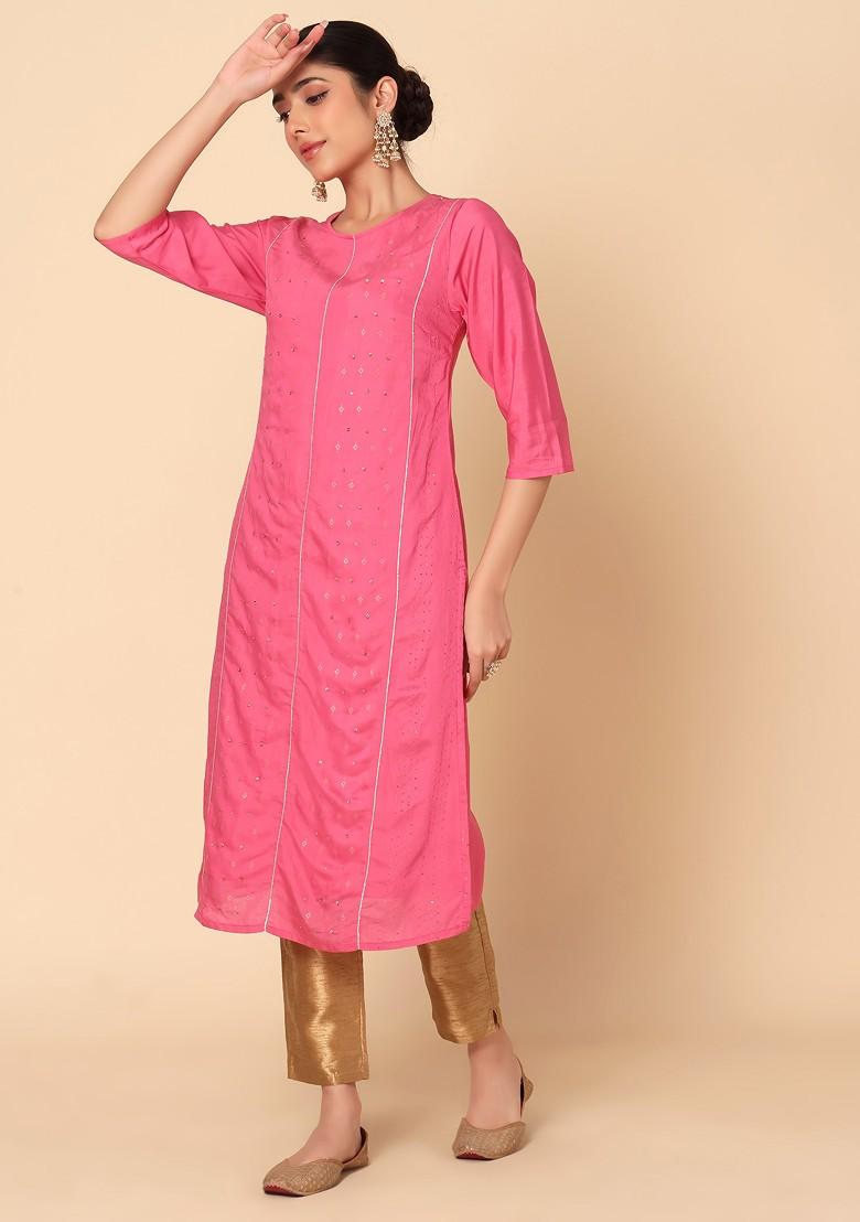 Pink Sequin And Thread Embroidered Muslin Kurta