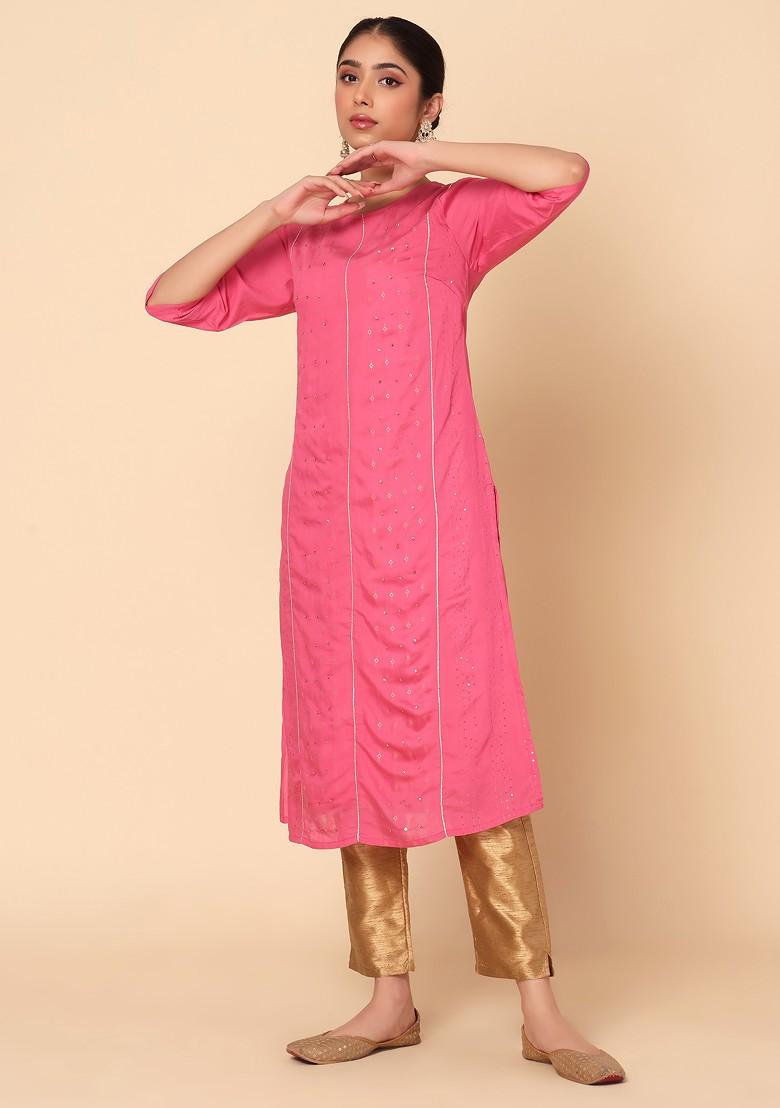 Pink Sequin And Thread Embroidered Muslin Kurta