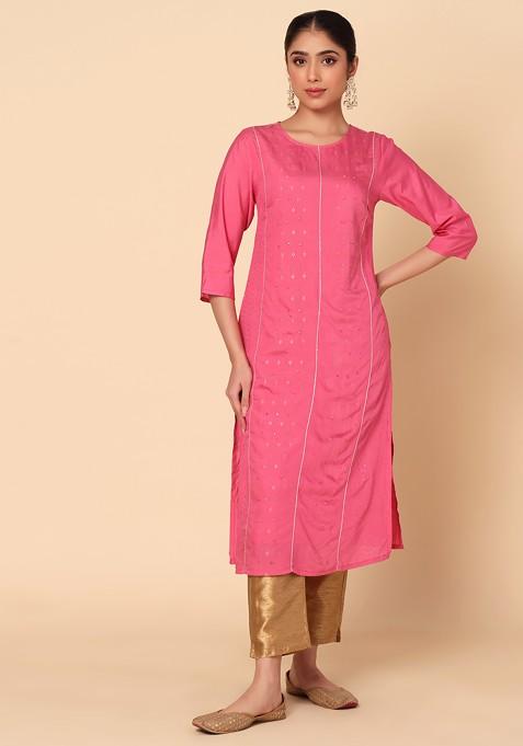 Pink Sequin And Thread Embroidered Muslin Kurta