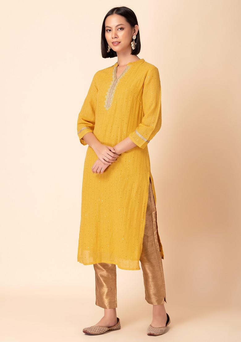 Yellow Sequin And Thread Embroidered Cotton Kurta