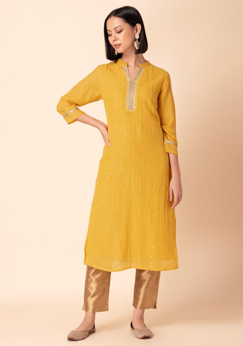 Yellow Sequin And Thread Embroidered Cotton Kurta