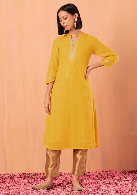 Yellow Sequin And Thread Embroidered Cotton Kurta