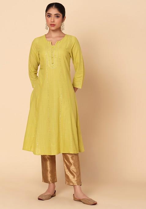 Lime Green Sequin And Thread Embroidered Muslin A-Line Kurta