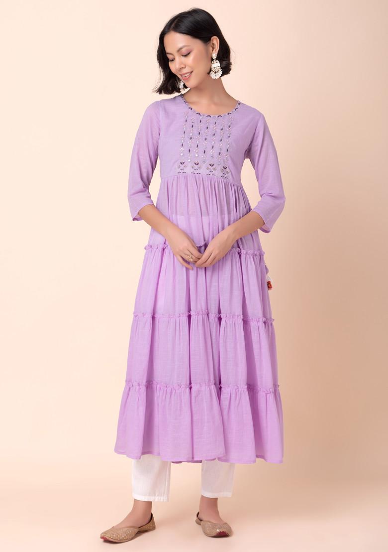 Lilac Mirror Embroidered Cotton Tiered Dress