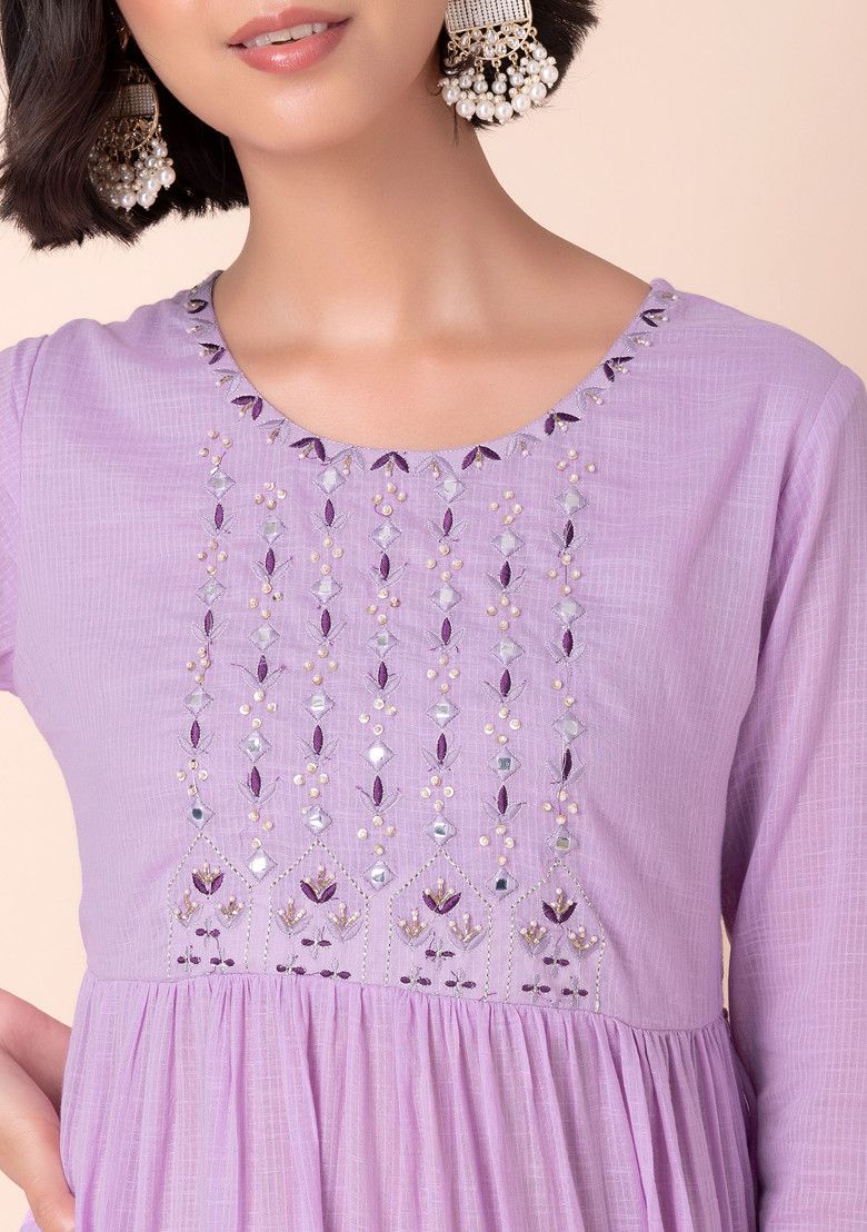 Buy Women Lilac Mirror Embroidered Cotton Tiered Dress - Dresses 