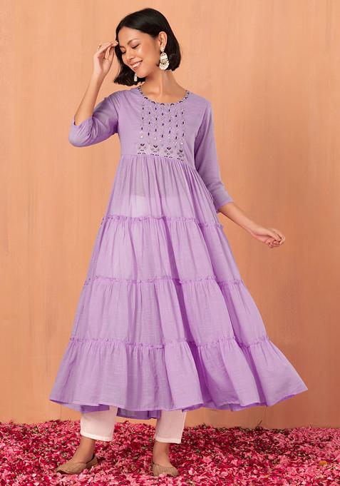 Lilac Mirror Embroidered Cotton Tiered Dress