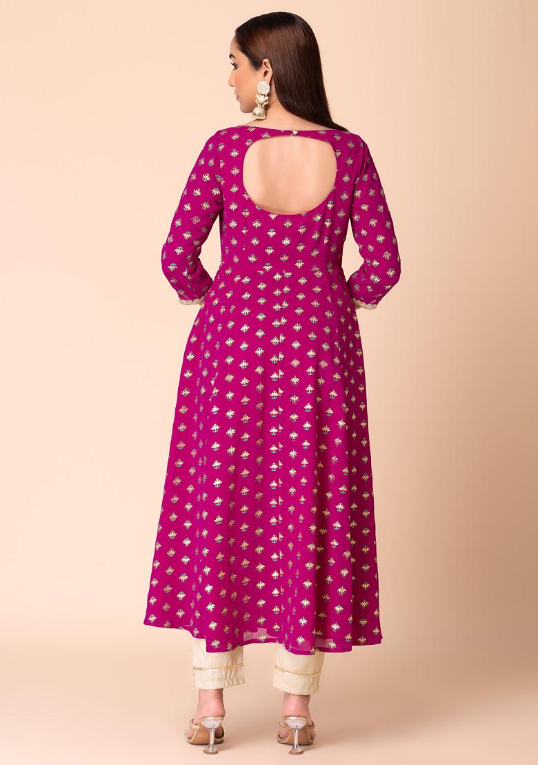 Dark Pink Leaf Boota Print Anarkali Kurta