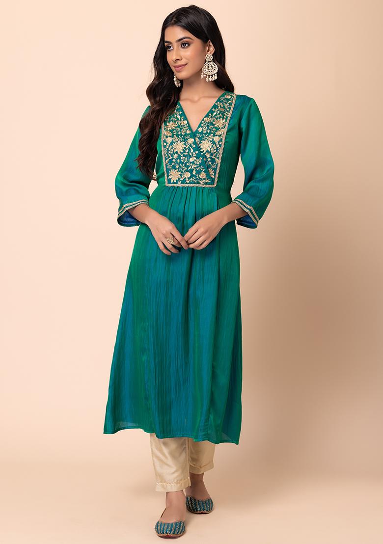 Green Embroidered Yoke Satin A-Line Kurta