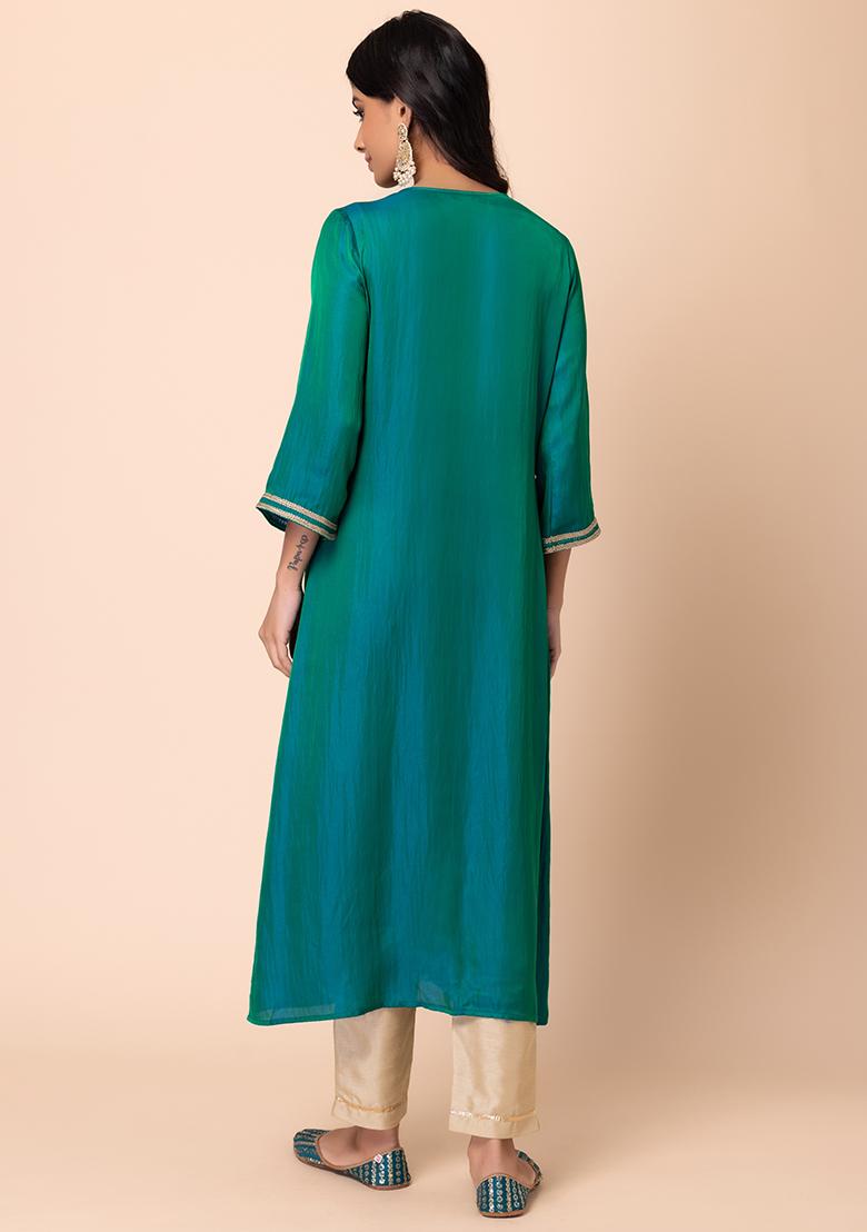 Green Embroidered Yoke Satin A-Line Kurta