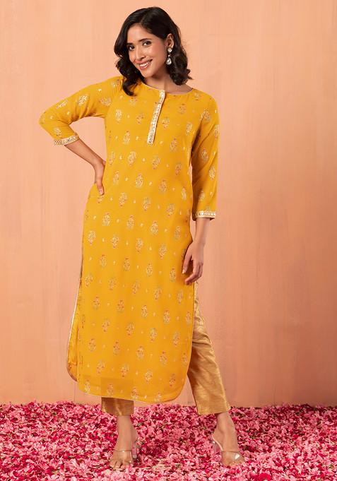 Mustard Yellow Mughal Foil Print Kurta