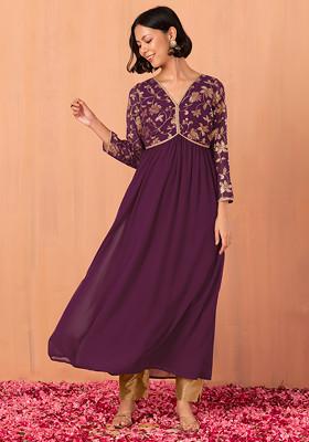Dark Purple Floral Foil Print Back Cut Out Anarkali Kurta