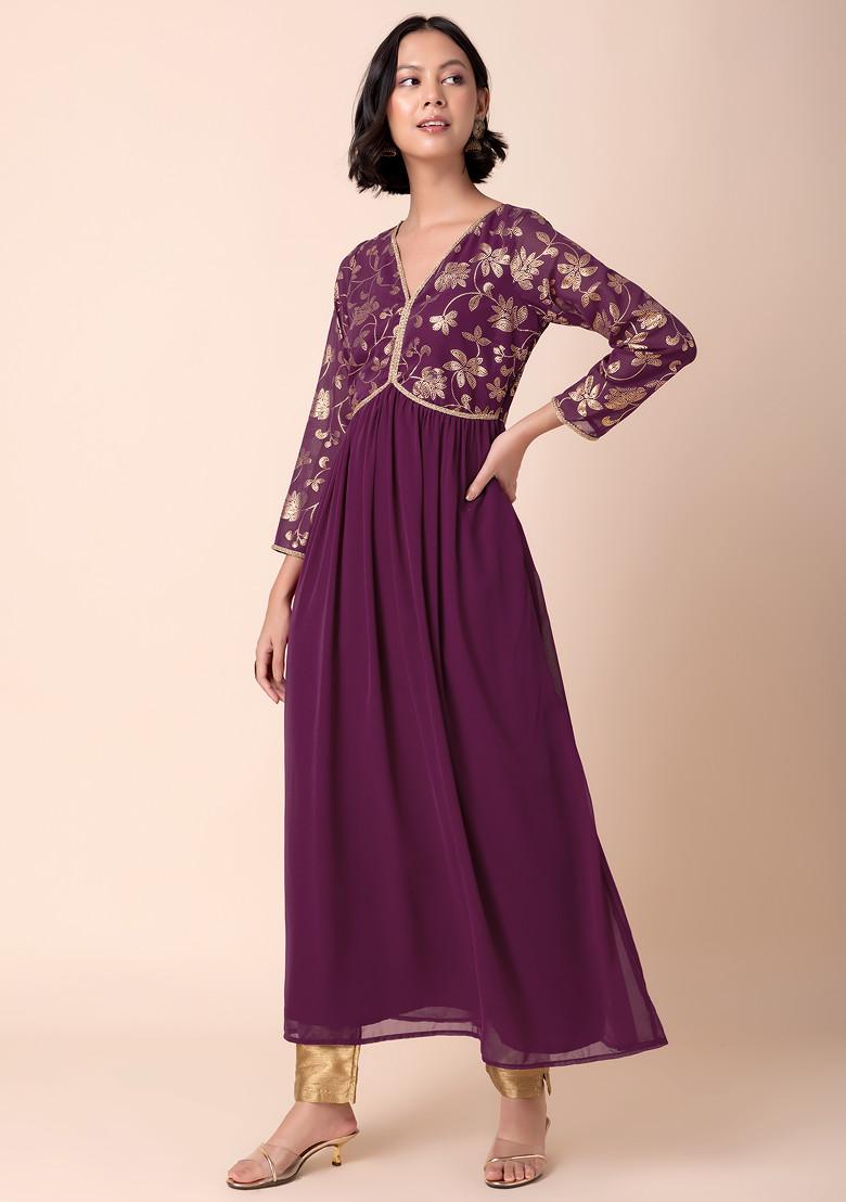 Dark Purple Floral Foil Print Back Cut Out Anarkali Kurta