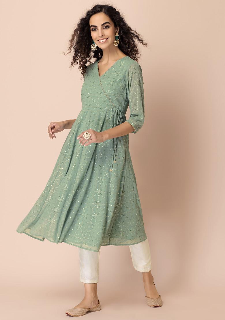 Women'S Navy Blue & Golden Foil Print Angrakha Tunic main image 1