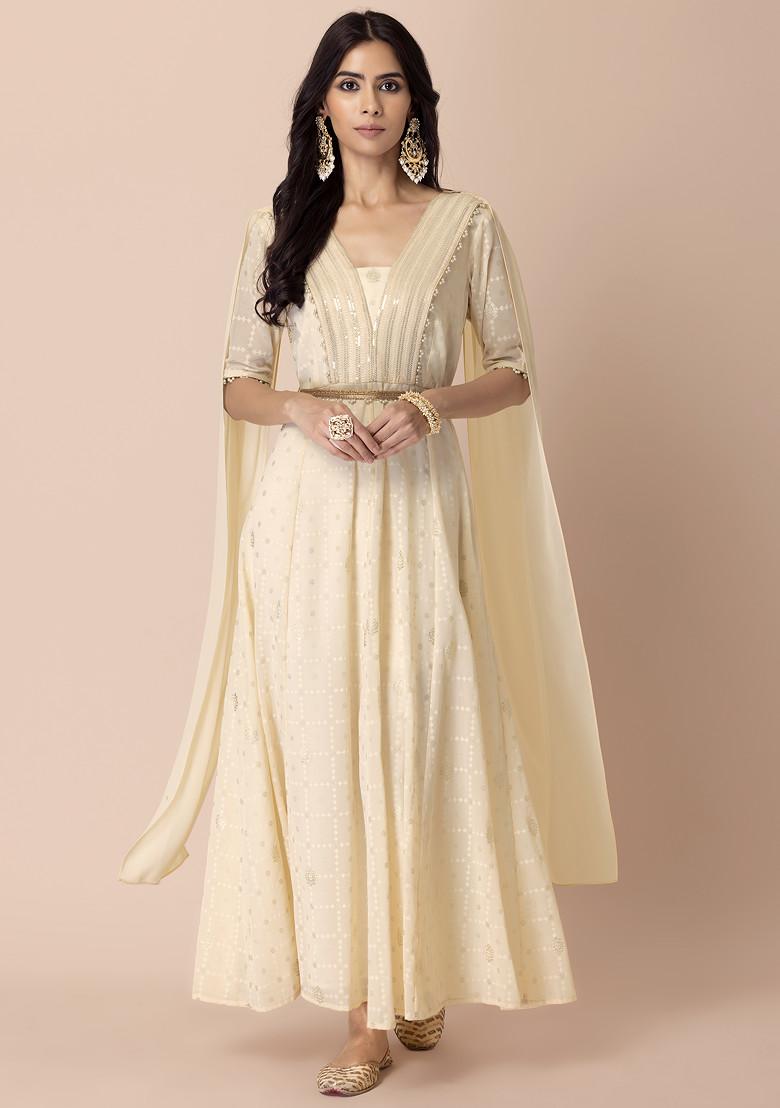 Ivory Sequin Maxi Kurta With Attached Dupatta And Belt (Set of 2) - Indya