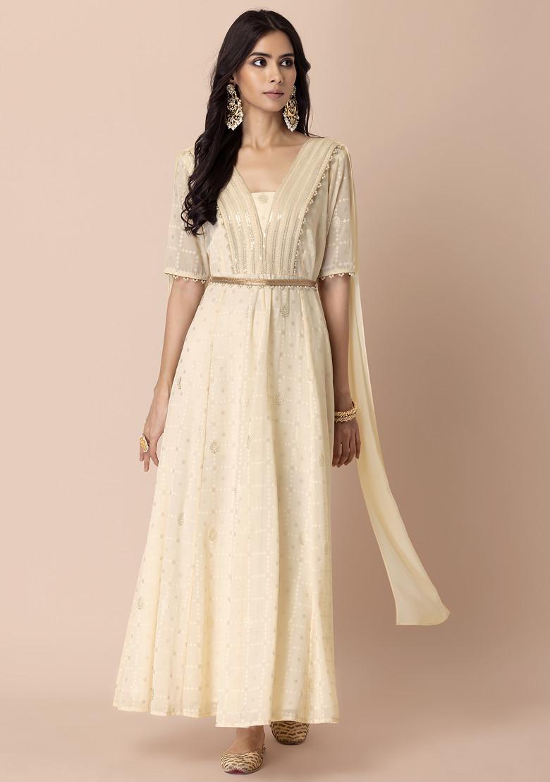 Ivory Sequin Maxi Kurta With Attached Dupatta And Belt (Set of 2)