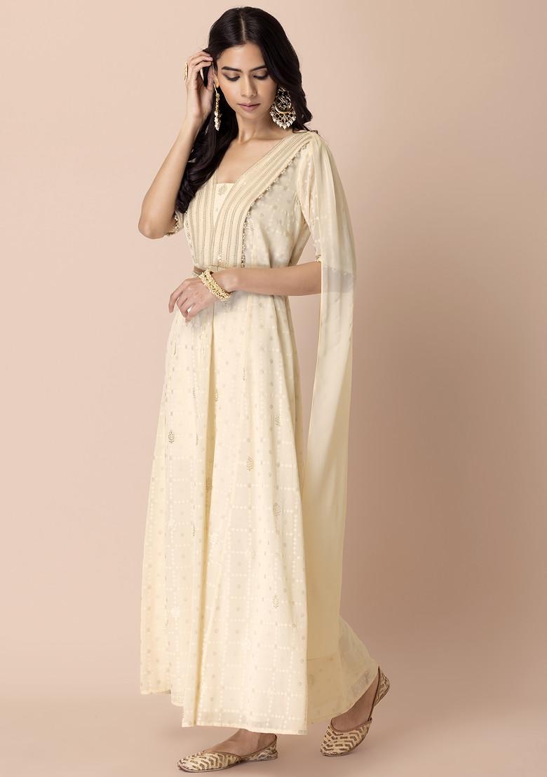 Ivory Sequin Maxi Kurta With Attached Dupatta And Belt (Set of 2) - Indya