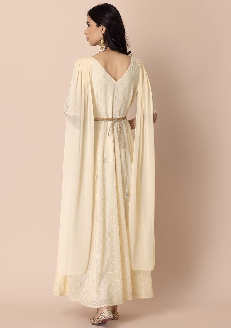 Ivory Sequin Maxi Kurta With Attached Dupatta And Belt (Set of 2)