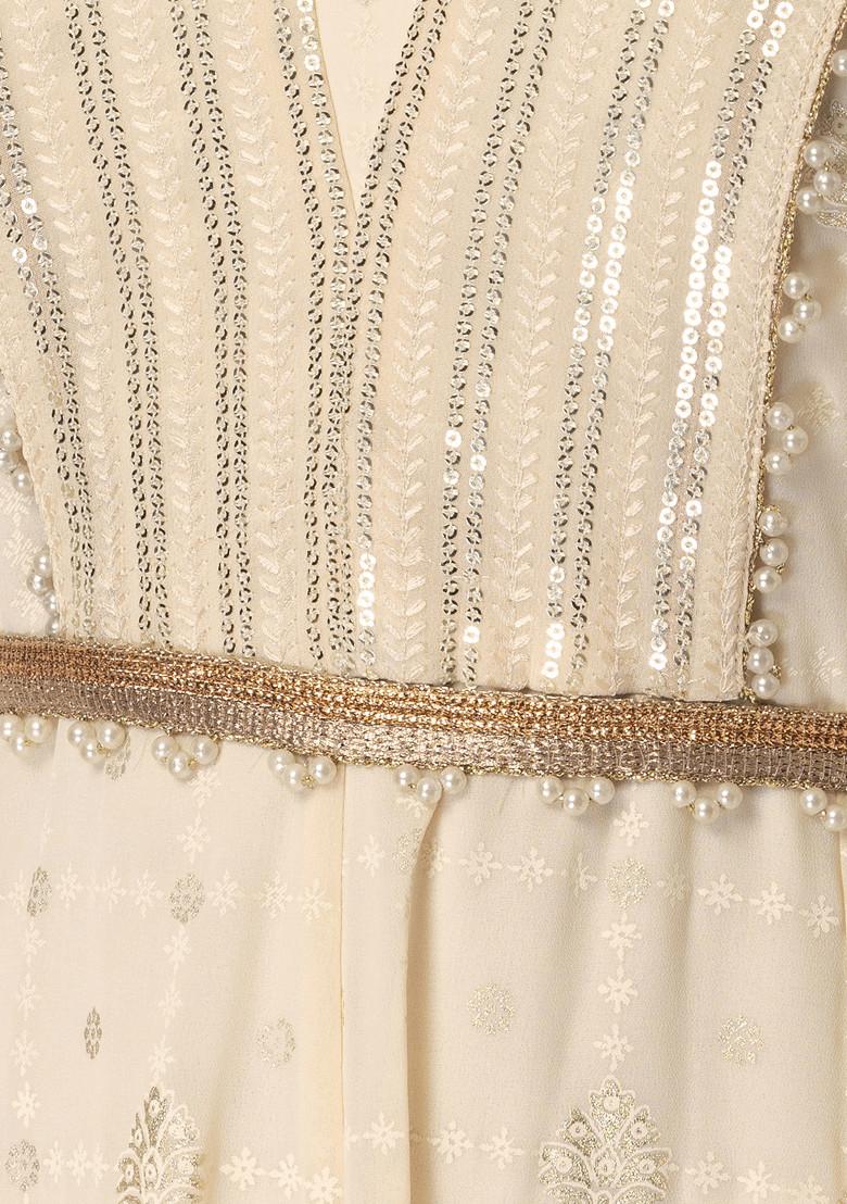 Ivory Sequin Maxi Kurta With Attached Dupatta And Belt (Set of 2) - Indya