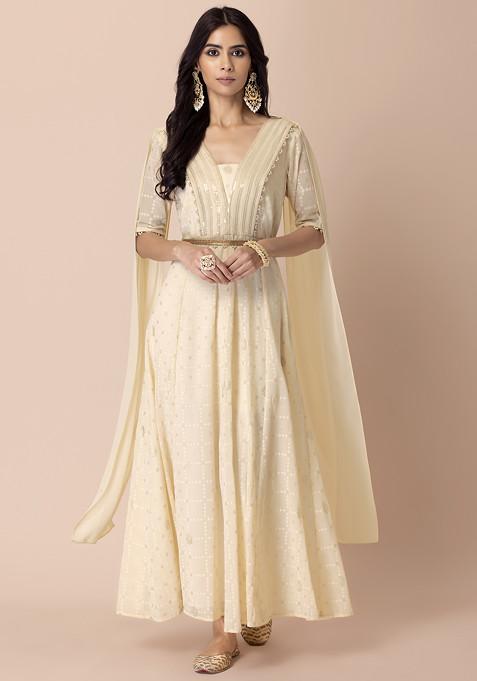 Ivory Sequin Maxi Kurta With Attached Dupatta And Belt (Set of 2)