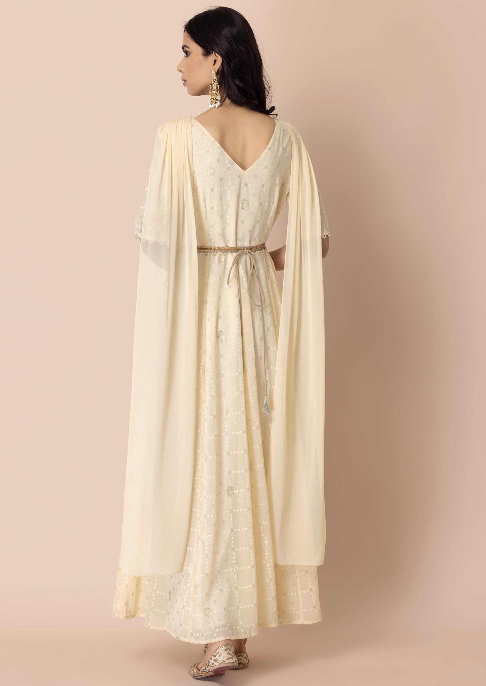Ivory Sequin Maxi Kurta With Attached Dupatta And Belt (Set of 2) - Indya