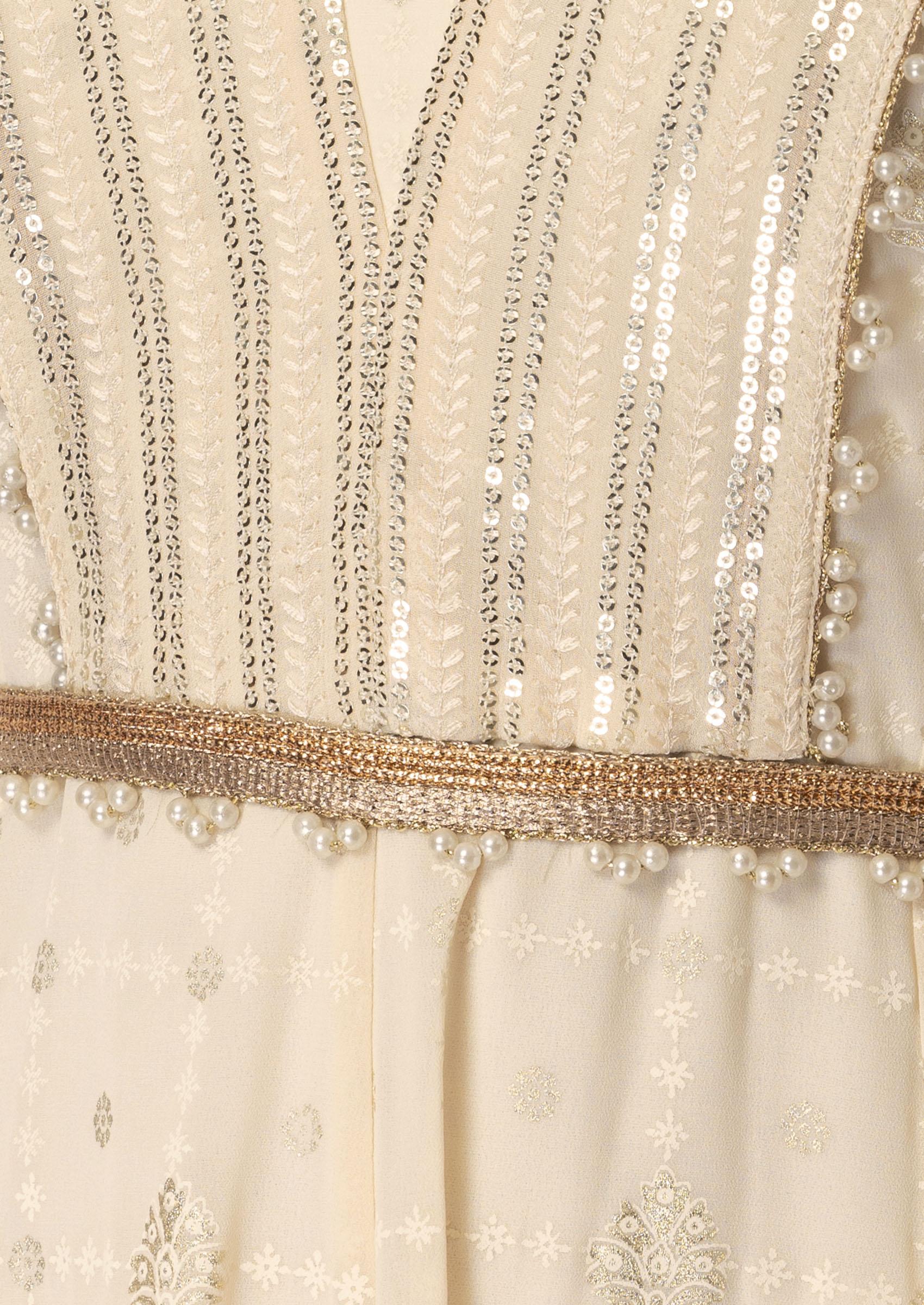 Ivory Sequin Maxi Kurta With Attached Dupatta And Belt (Set of 2) - Indya