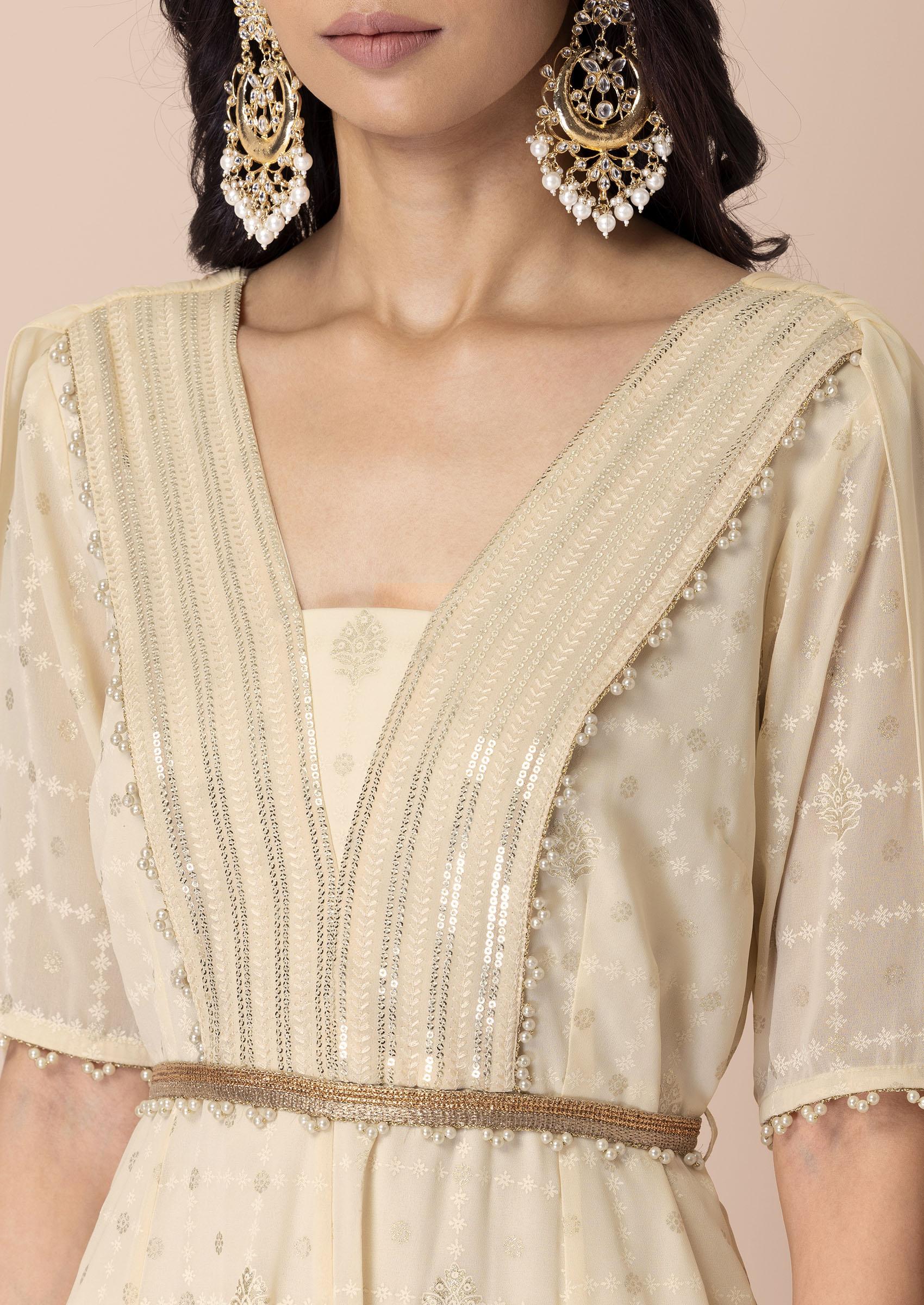 Ivory Sequin Maxi Kurta With Attached Dupatta And Belt (Set of 2) - Indya