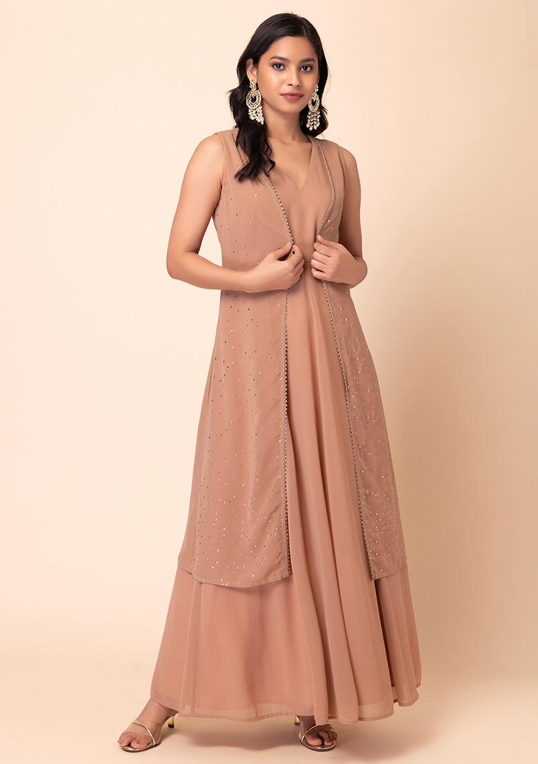 Light Pink Kurta With Foil Print Jacket (Set of 2)