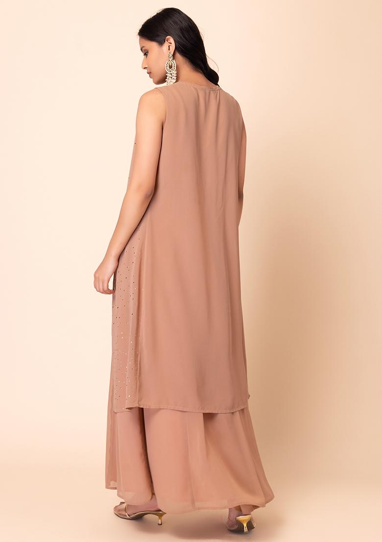 Light Pink Kurta With Foil Print Jacket (Set of 2)