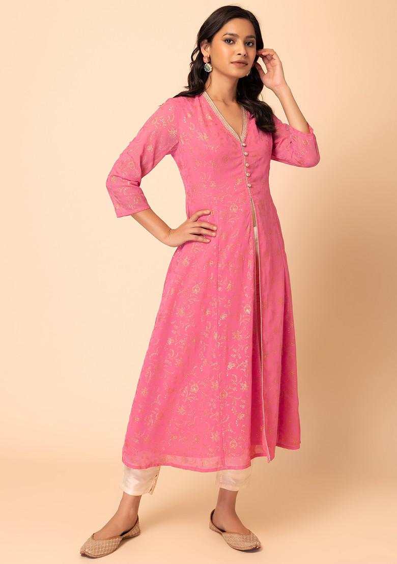 Pink Floral Foil Print Front Slit Kurta