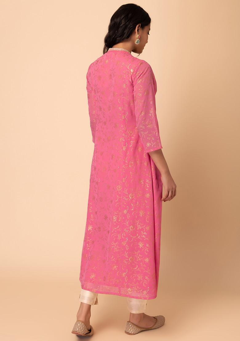 Pink Floral Foil Print Front Slit Kurta