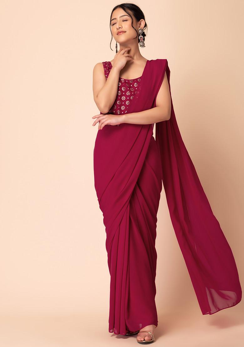 Dark Pink Pre-Stitched Saree With Attached Sequin Embroidered Blouse