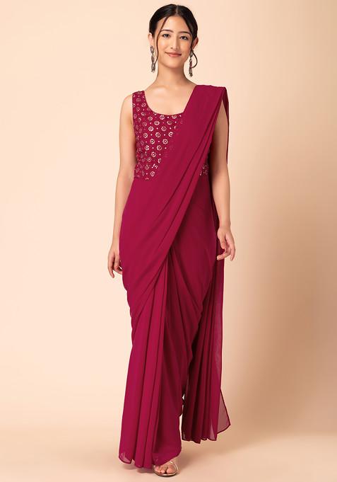 Dark Pink Pre-Stitched Saree With Attached Sequin Embroidered Blouse