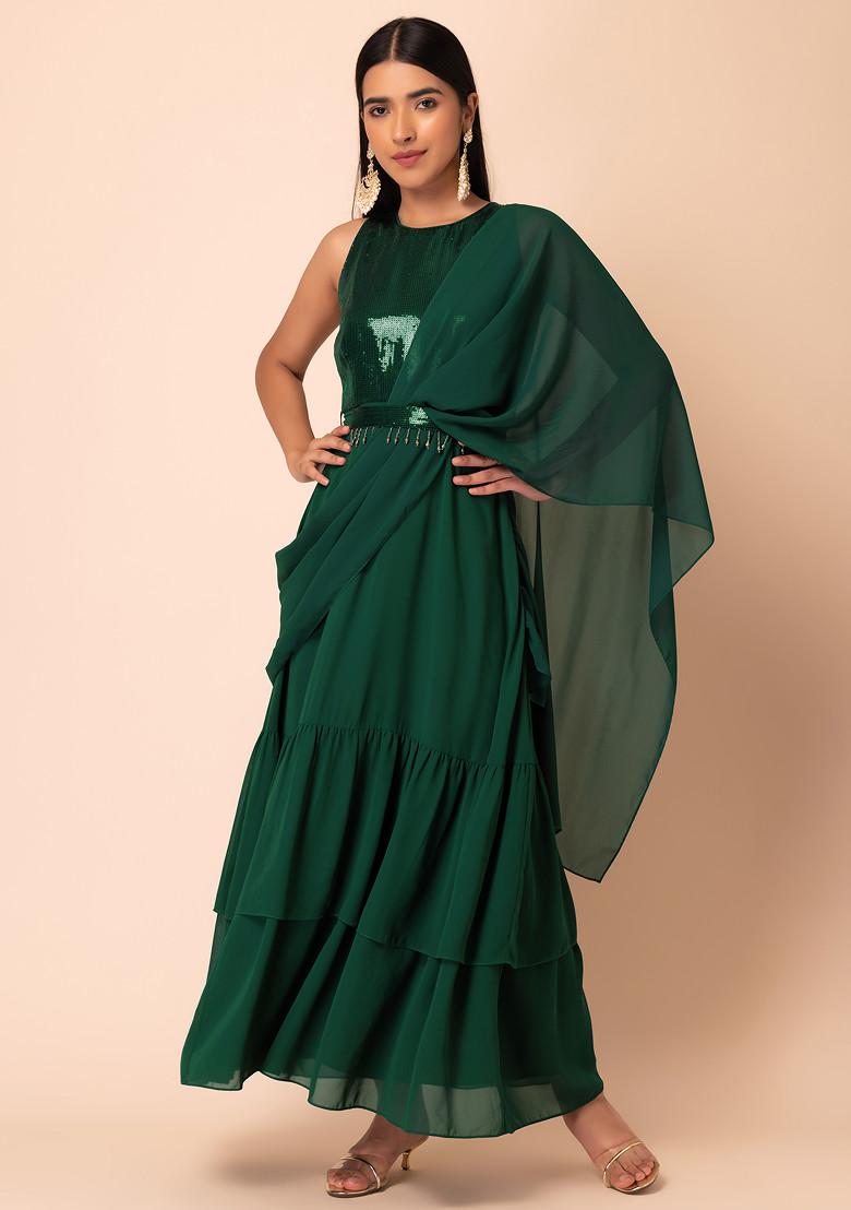 Dark Green Pre-Stitched Saree With Attached Sequinned Blouse And Belt (Set of 2)