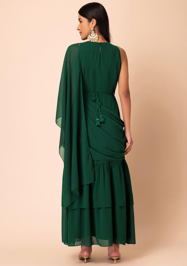 Dark Green Pre-Stitched Saree With Attached Sequinned Blouse And Belt (Set of 2)