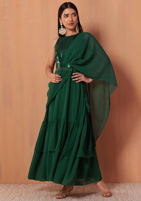 Dark Green Pre-Stitched Saree With Attached Sequinned Blouse And Belt (Set of 2)