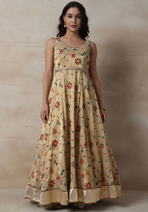 Golden Floral Print Maxi Anarkali Kurta