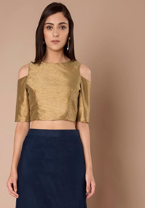 Buy Women Cold Shoulder Silk Crop Top - Gold Slub - Crop Tops - Indya