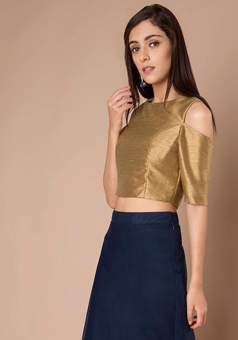 Buy Women Cold Shoulder Silk Crop Top - Gold Slub - Crop Tops - Indya