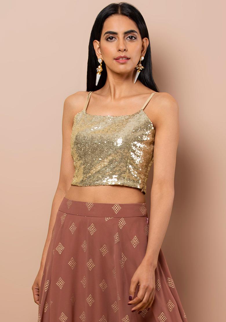 Buy Women Gold Sequin Strappy Crop Top - Blouses - Indya