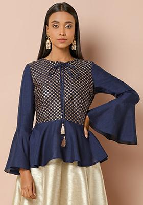Navy Sequin Embroidered Peplum Top