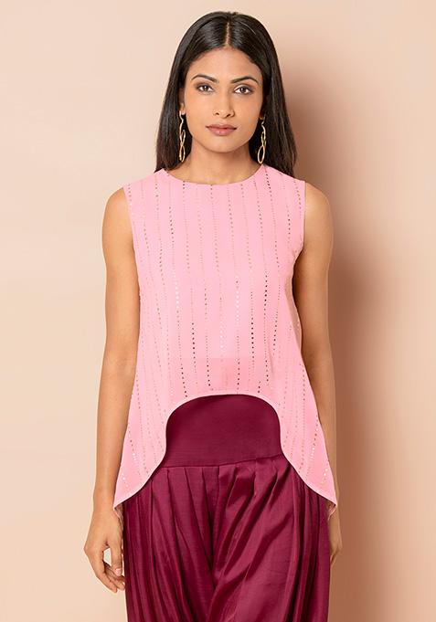 Pink Mukaish Embellished High-Low Top