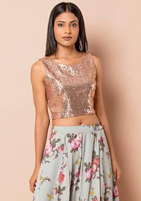 Red foil printed crop top and skirt with white floral printed jacket - set  of three by The Anarkali Shop | The Secret Label