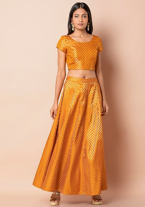 Buy Women Mustard Banarasi Crop Top - RTW - Indya